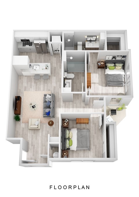 A floor plan of a house with a kitchen, living room, bedrooms and bathrooms.